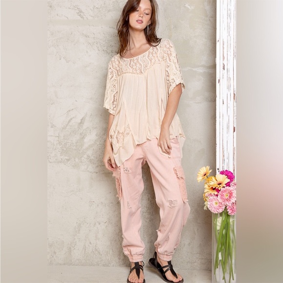 POL Sheer Slub Knit Cream Lace Short Sleeve Back Tie Top - Picture 5 of 6